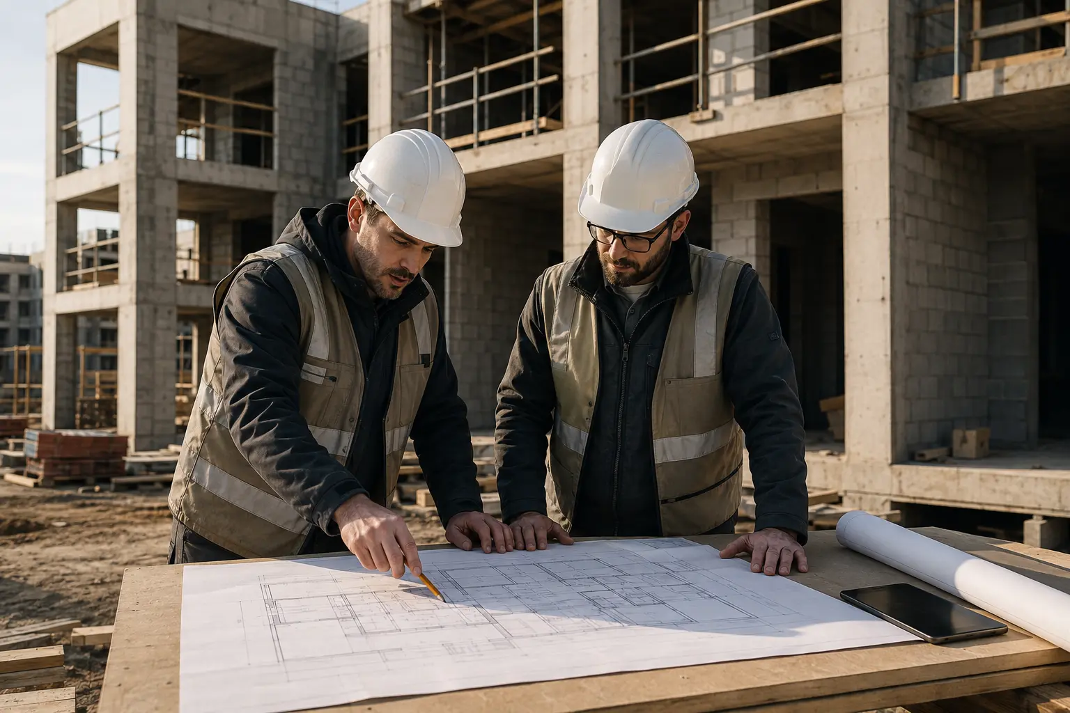 Deux professionnels étudient les plans sur un chantier résidentiel — illustration